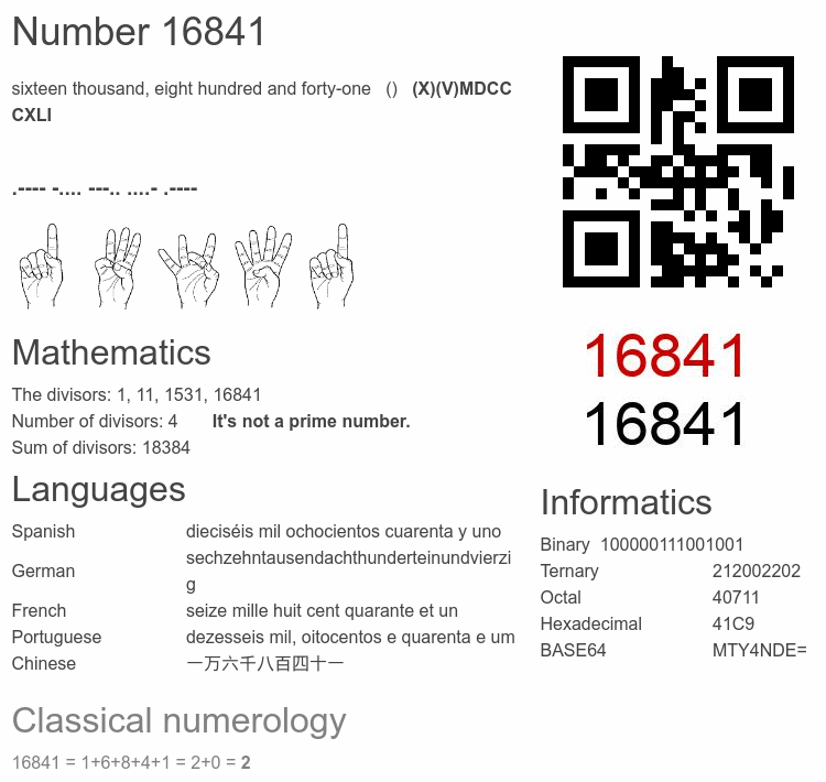 Number 16841 infographic