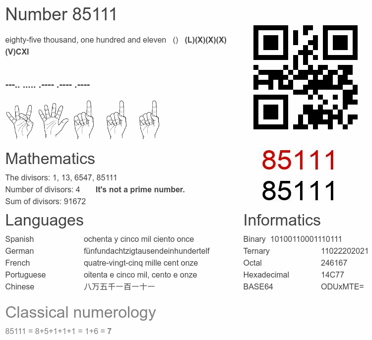 Number 85111 infographic