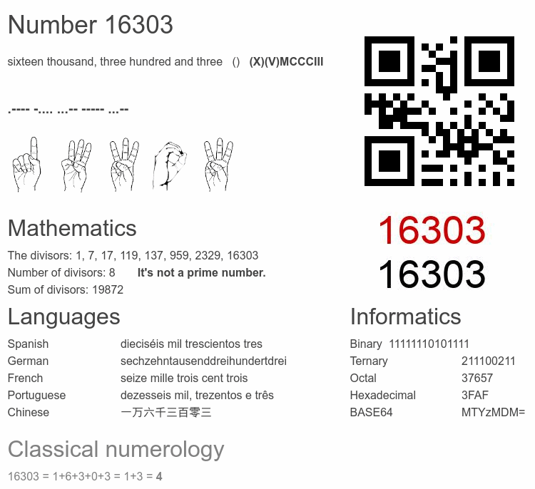 Number 16303 infographic