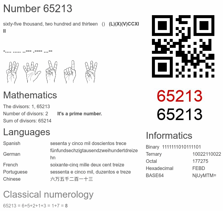 Number 65213 infographic