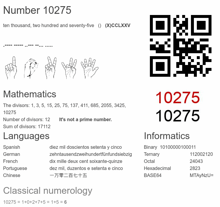Number 10275 infographic