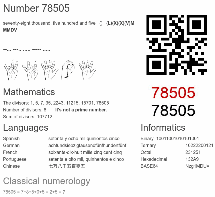 Number 78505 infographic