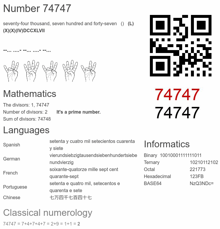 Number 74747 infographic