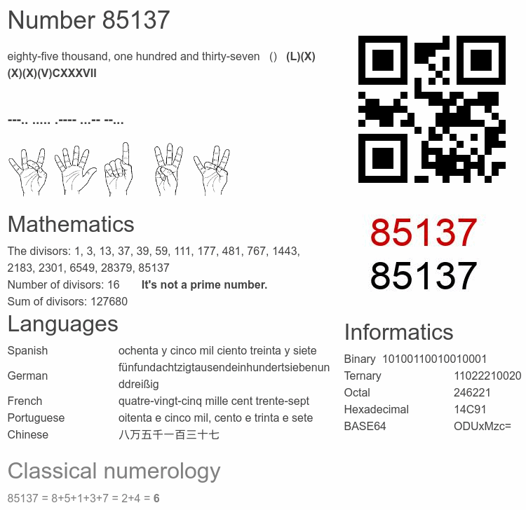 Number 85137 infographic