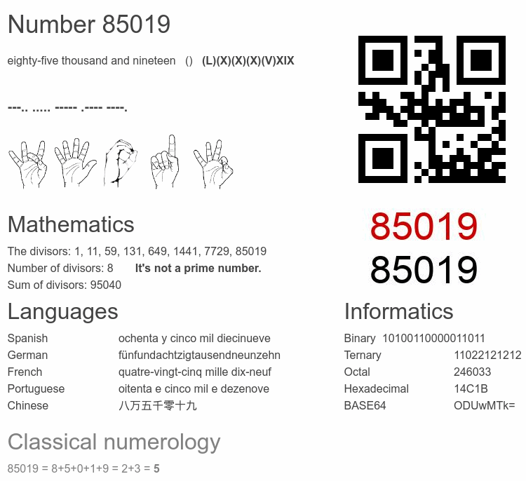 Number 85019 infographic